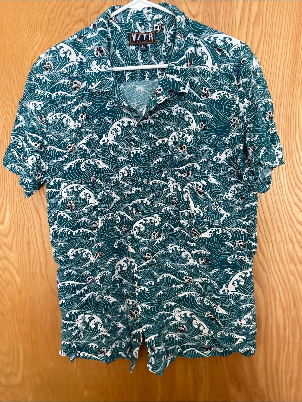 VSTR Teal Wave-Print Short Sleeve Button-Down Shirt